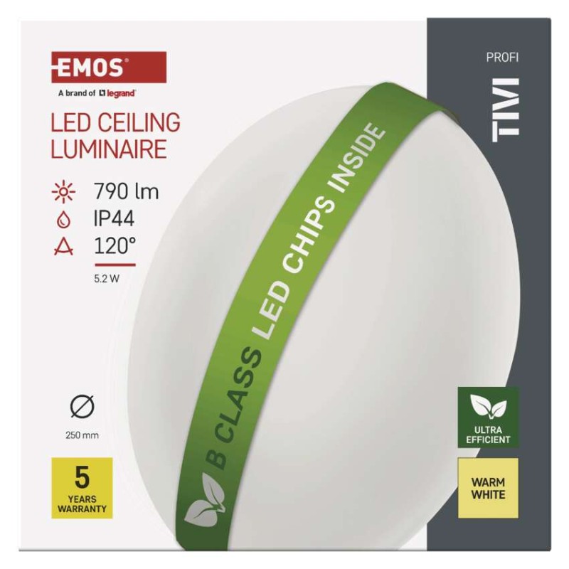 LED mennyezeti lámpatest TIVI, B CLASS, kerek, fehér 5,2W, IP44, Meleg fehér