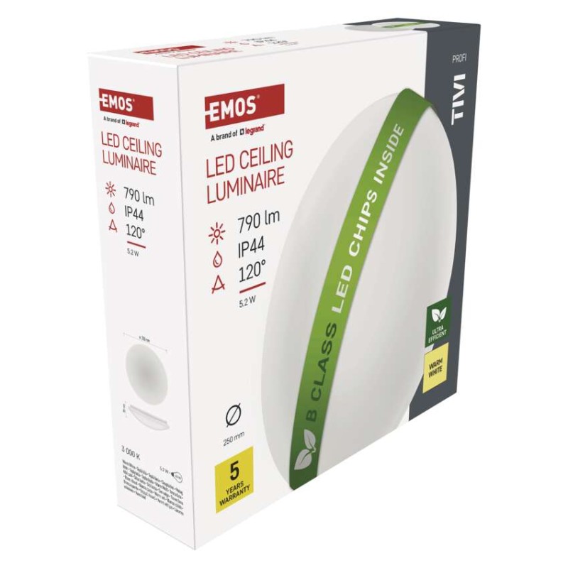 LED mennyezeti lámpatest TIVI, B CLASS, kerek, fehér 5,2W, IP44, Meleg fehér