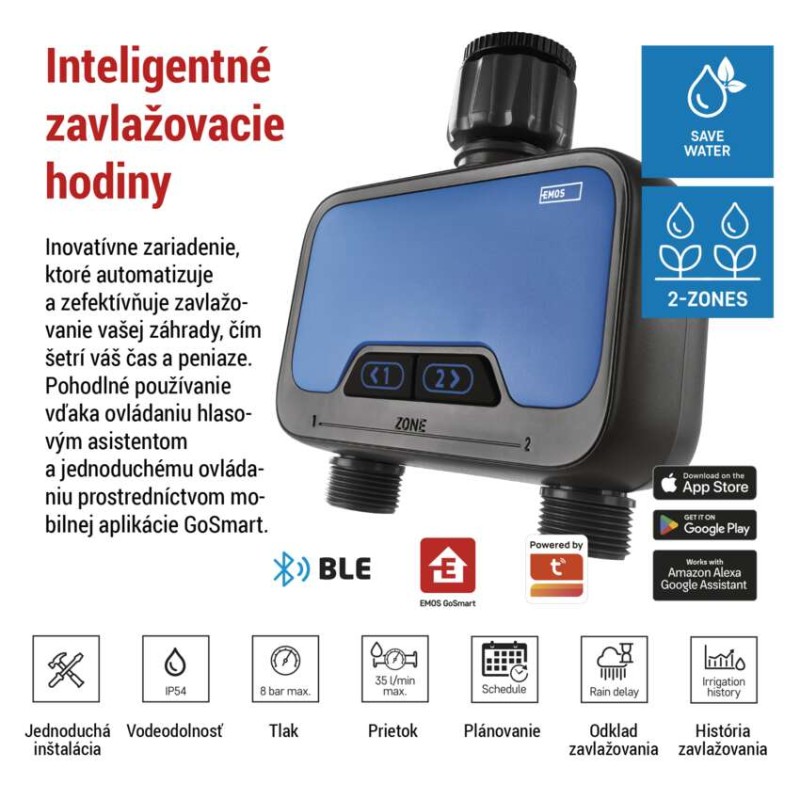 Časovač zavlažovania GoSmart, Bluetooth 5.0, 2 výstupy