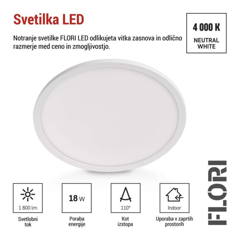 LED svetilo nadometno FLORI okrogla, bela, 18W, nevtralna bela