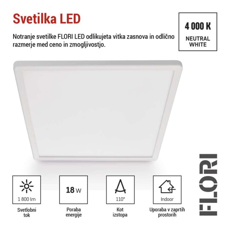 LED svetilo nadometno FLORI kvadratni, bela, 18W, nevtralna bela