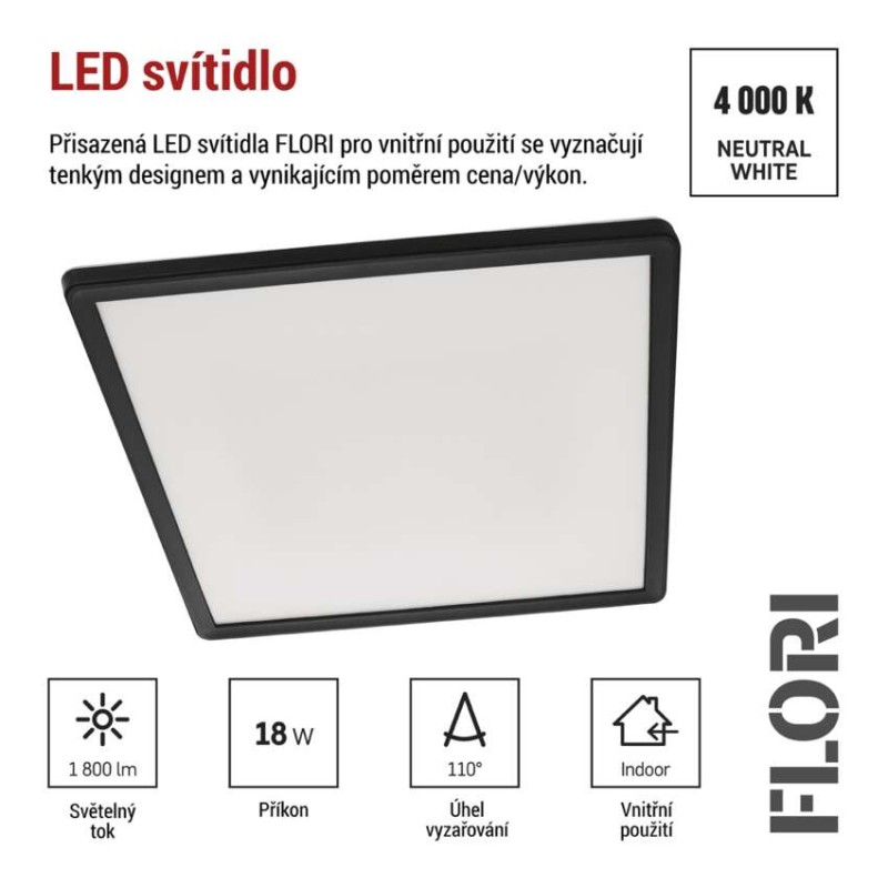 LED přisazené svítidlo FLORI čtvercové, černé, 18W, neutrální bílá