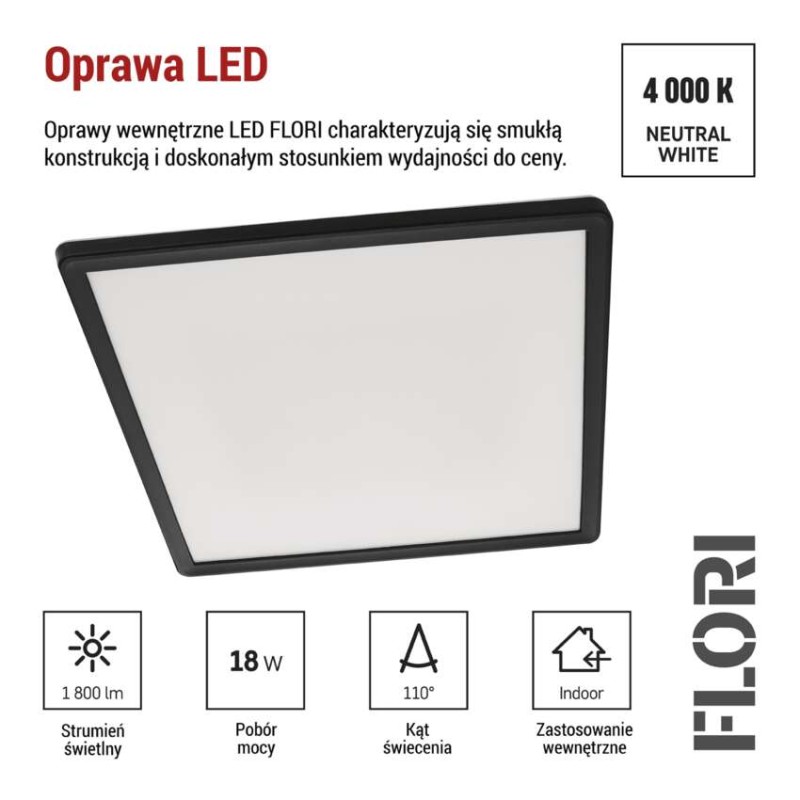 Oprawa LED FLORI kwadratowy, czarny, 18W, neutralna biel