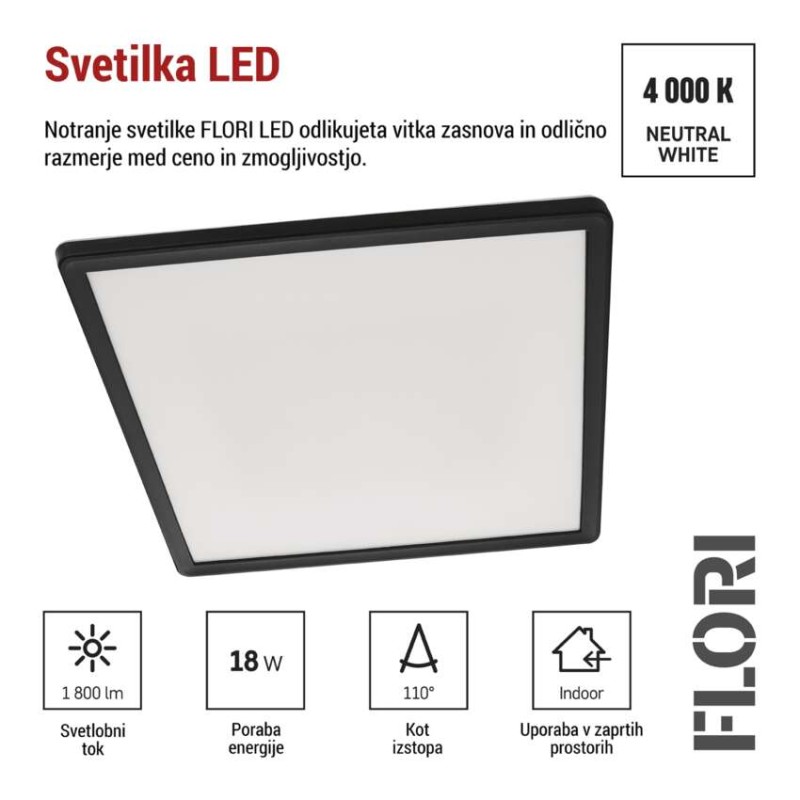 LED svetilo nadometno FLORI kvadratni, črna, 18W, nevtralna bela