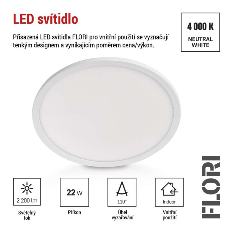 LED přisazené svítidlo FLORI kruhové, bílé, 22W, neutrální bílá