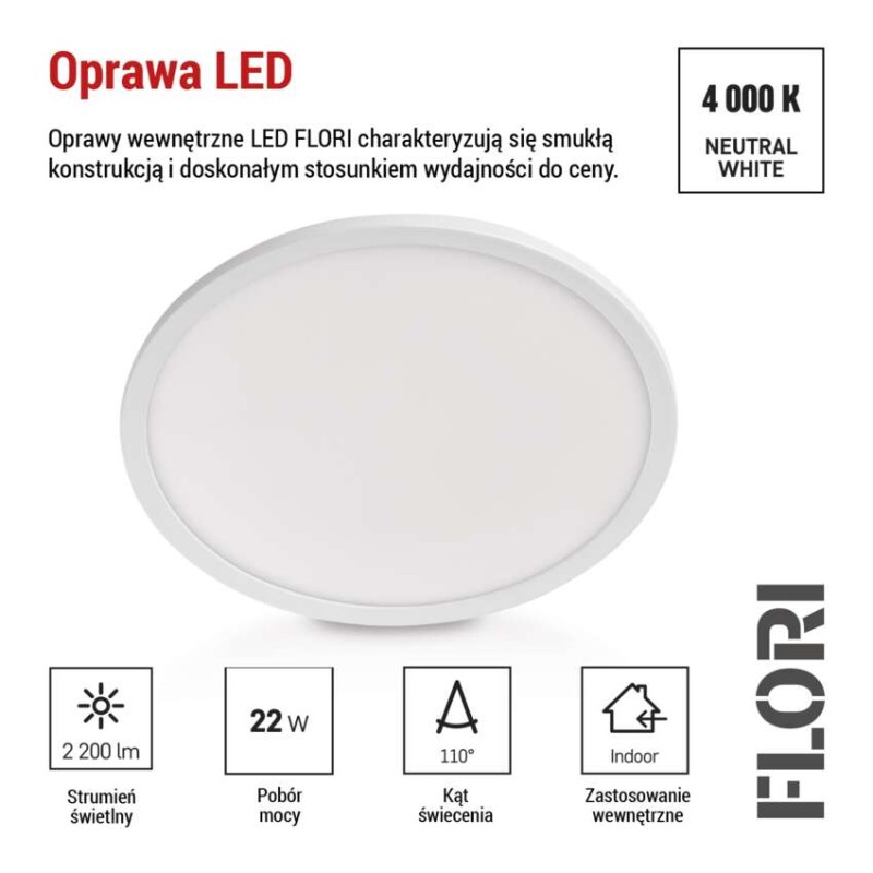 Oprawa LED FLORI okrągła, biała, 22W, neutralna biel
