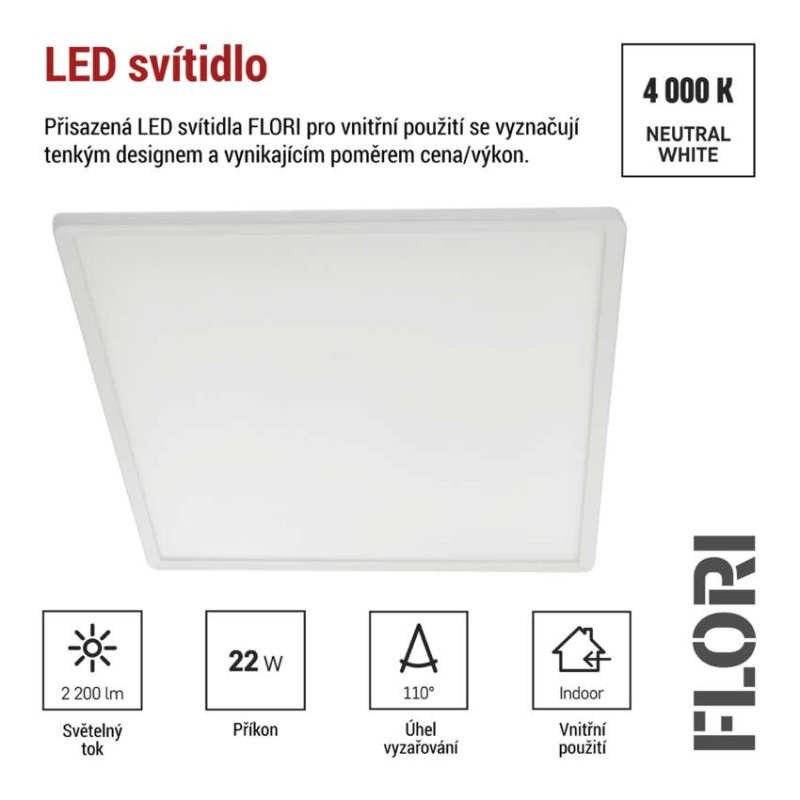 LED přisazené svítidlo FLORI čtvercové, bílé, 22W, neutrální bílá