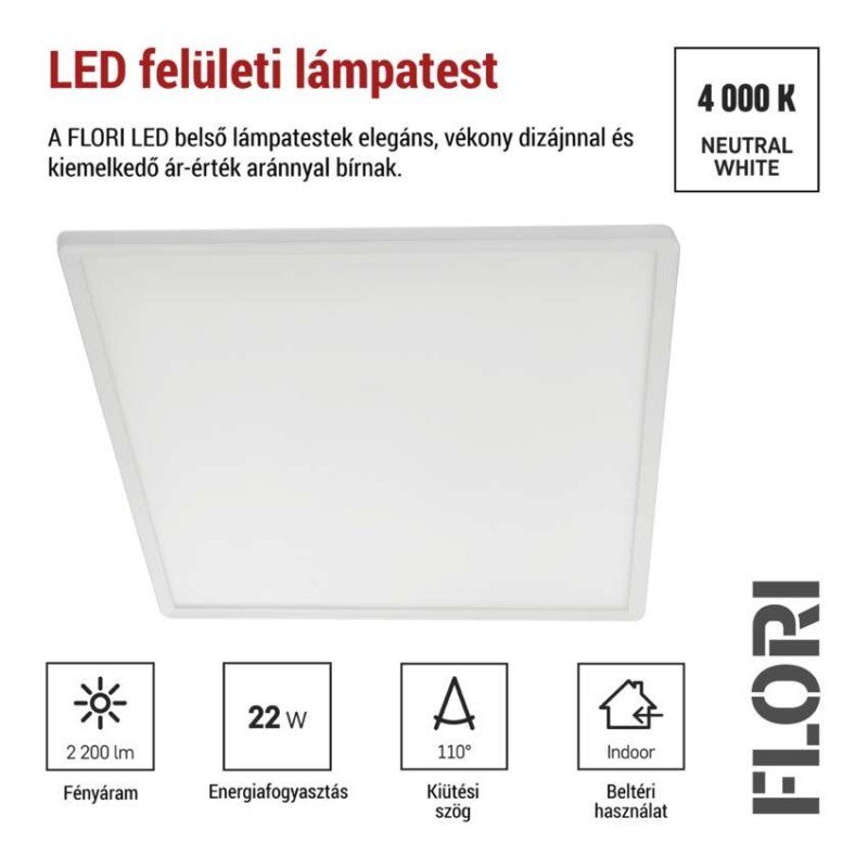 LED felületi lámpatest FLORI négyzet, fehér, 22W, semleges fehér