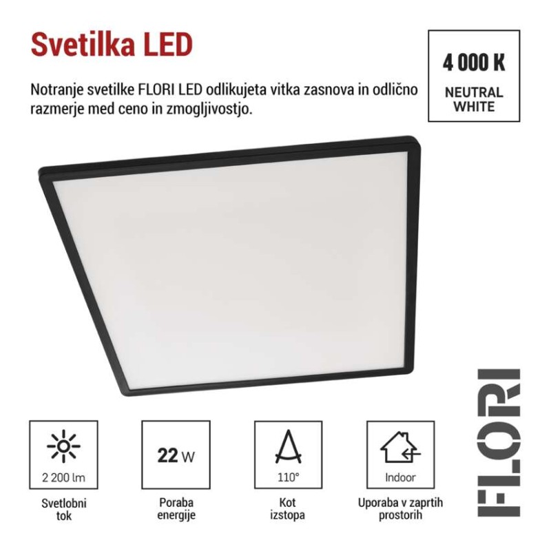 LED svetilo nadometno FLORI kvadratni, črna, 22W, nevtralna bela
