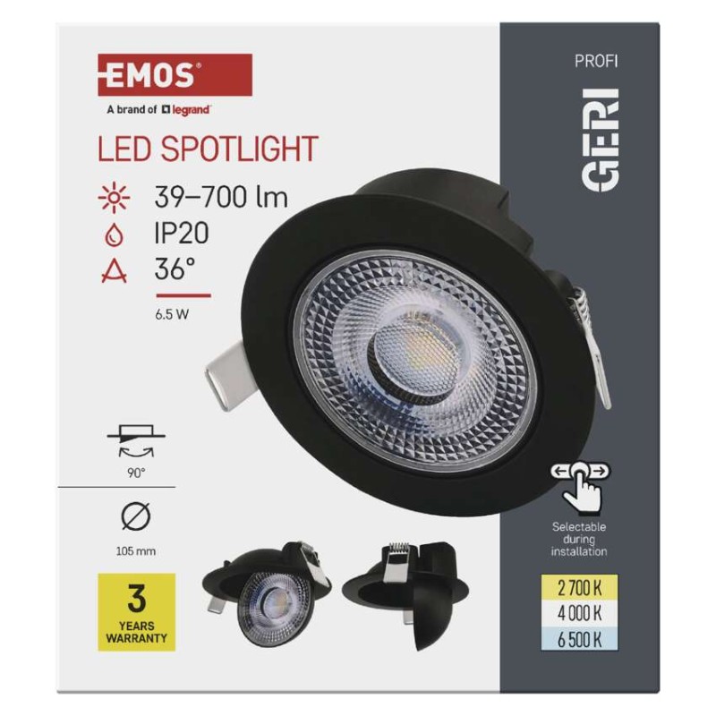 LED prožektors GERI melnā, apaļš, 6,5 W CCT