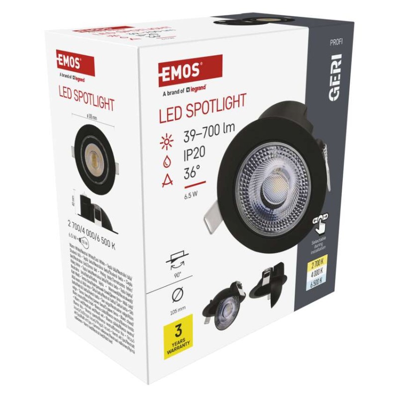 LED prožektors GERI melnā, apaļš, 6,5 W CCT