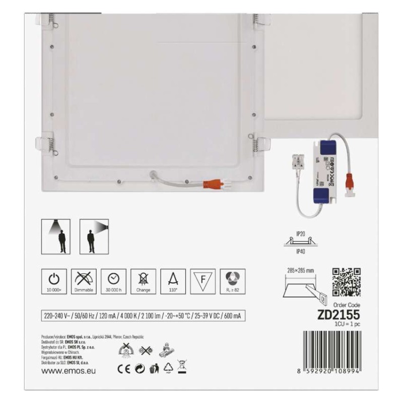 LED süllyesztett lámpatest NEXXO, négyzet, fehér, 24W, természetes fehér