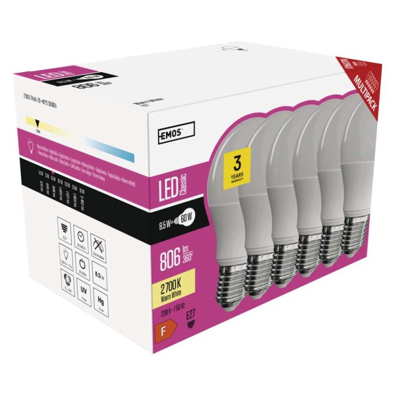 LED žiarovka Classic A60 / E27 / 8,5 W (60 W) / 806 lm / teplá biela