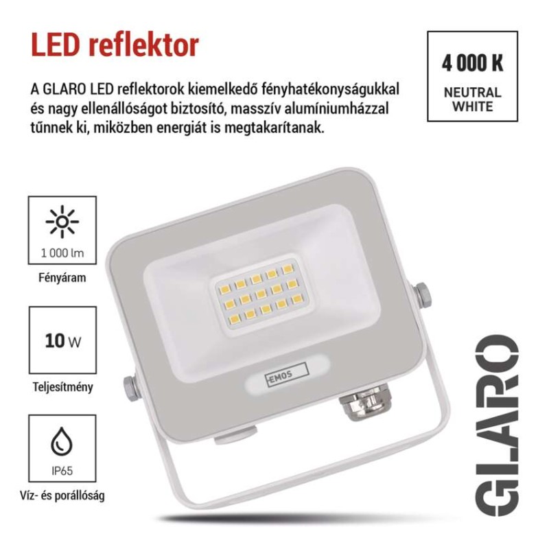 LED reflektor GLARO 10W, fehér, IP65, 1000 lm, természetes fehér