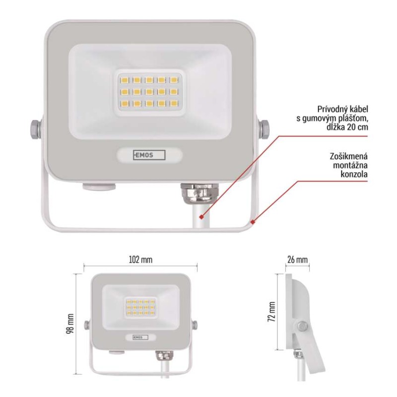 LED reflektor GLARO 10W, biely, IP65, 1000 lm, neutrálna biela