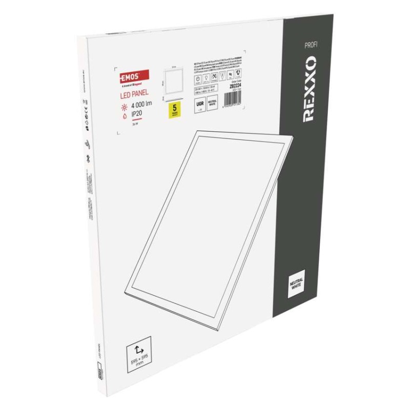 LED paneel REXXO 60×60, ruudukujuline süvistatud valge, 36W neutr. b. UGR
