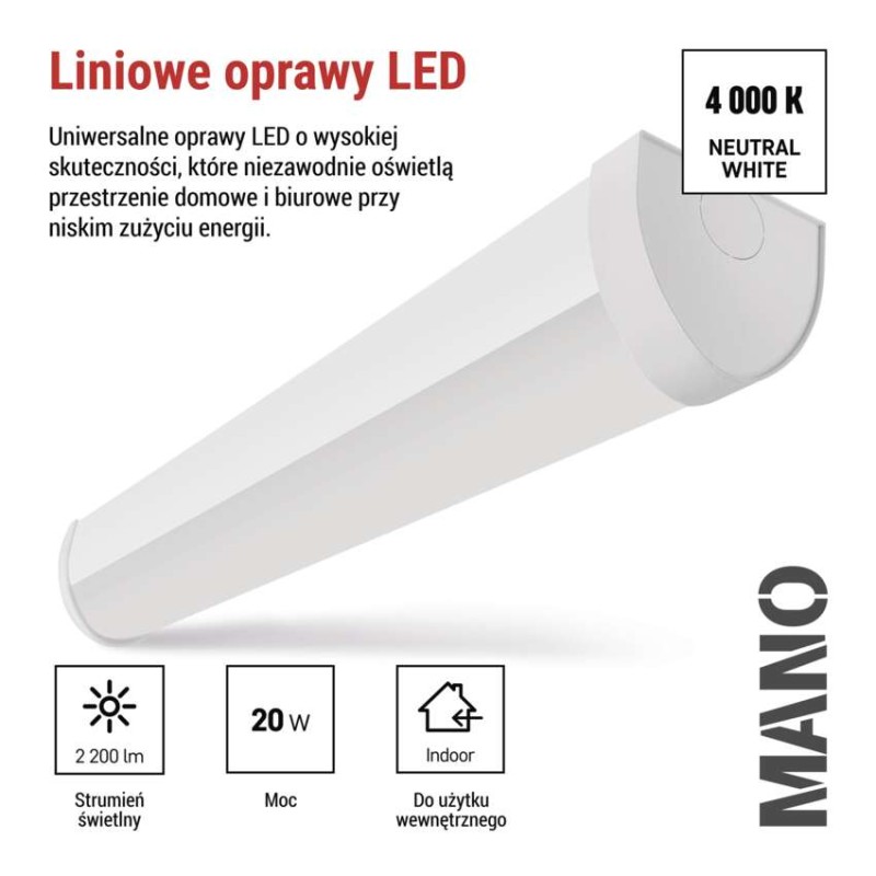 Oprawa liniowa LED MANO 20W, biała neutralna