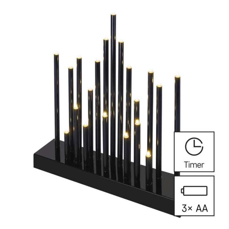 LED gyertyatartó, fekete, 27,5 cm, 3x AA, beltéri, meleg fehér, időzítő