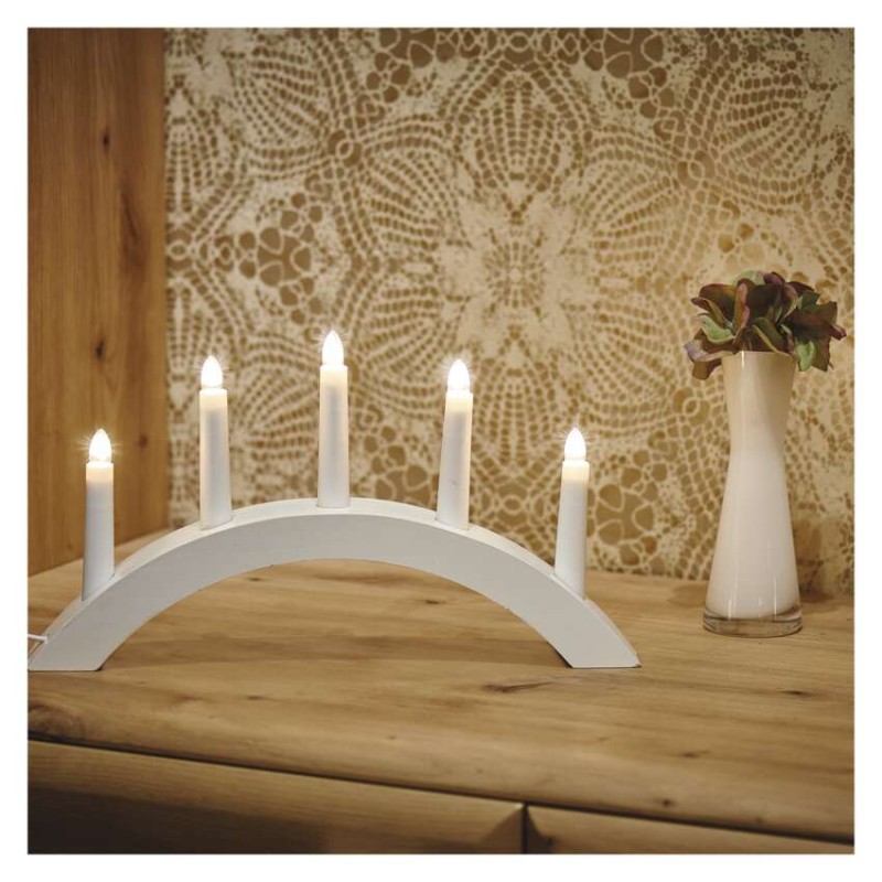 Svícen na 5x žárovičku E10 dřevěný bílý, oblouk, 20x38 cm, vnitřní, teplá bílá