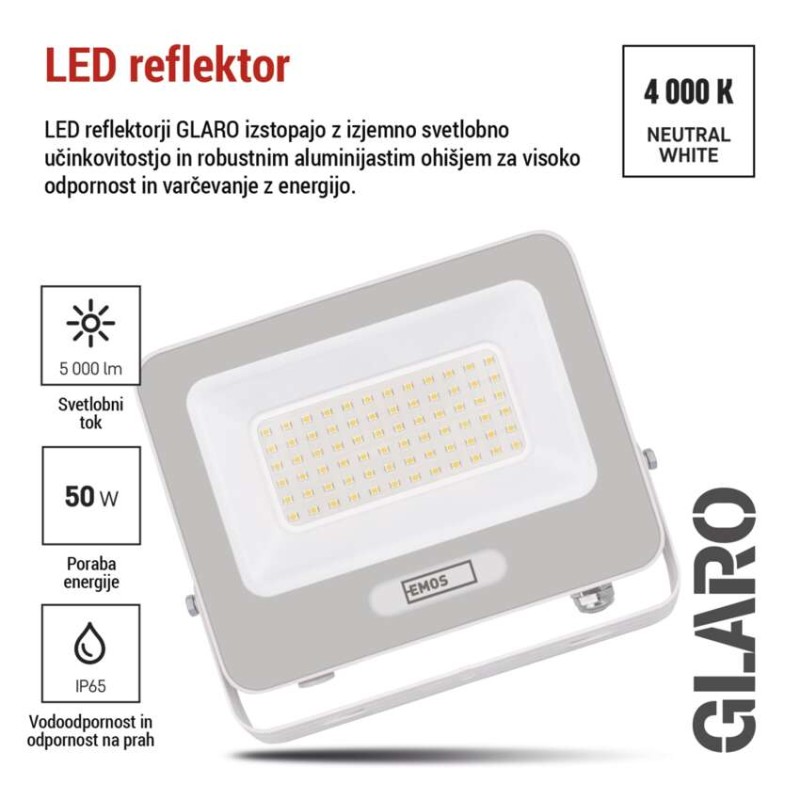 LED reflektor GLARO 50W, bel, IP65, 5000 lm, nevtralna bela
