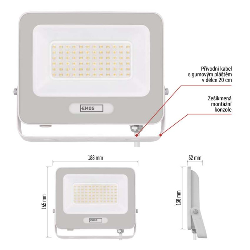 LED reflektor GLARO 50W, bílý, IP65, 5000 lm, neutrální bílá