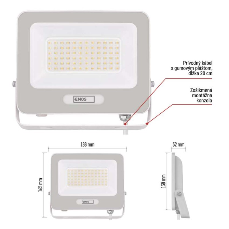 LED reflektor GLARO 50W, biely, IP65, 5000 lm, neutrálna biela
