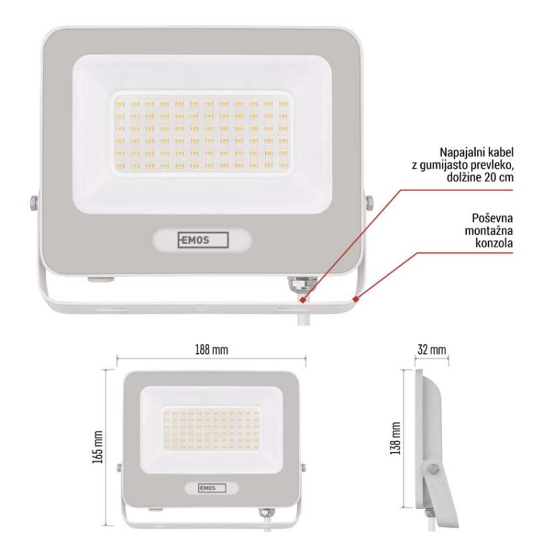 LED reflektor GLARO 50W, bel, IP65, 5000 lm, nevtralna bela
