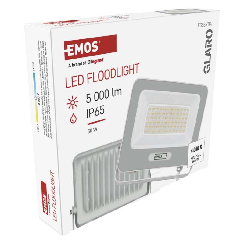 LED prožektors GLARO, 50 W, balts, IP65, 5000 lm, neutraliai baltas
