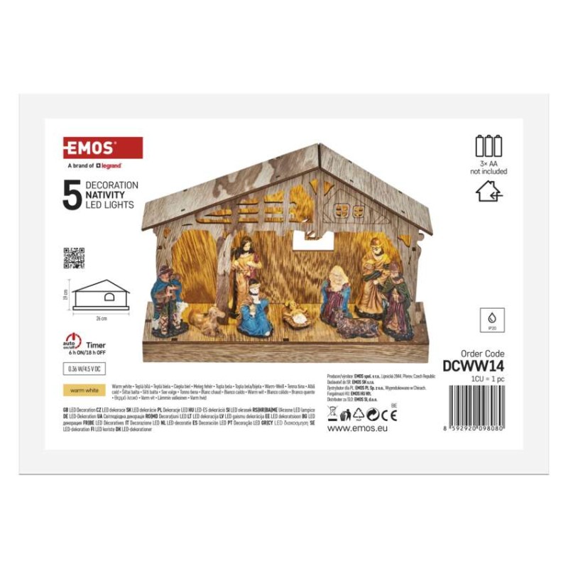 Dekoracje - 5 LED szopka 26x19 cm 3x AA, ciepła biel, IP20, timer