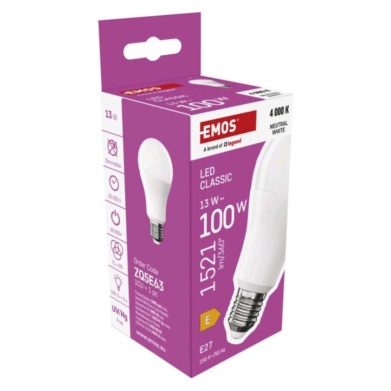 LED izzó Classic A60 / E27 / 13 W (100 W) / 1521 lm / Természetes fehér