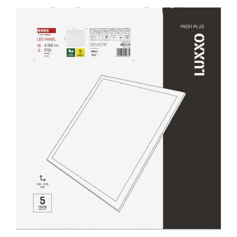 LED panel LUXXO backlit 60×60, čtvercový vestavný bílý, 22W neutr. b.