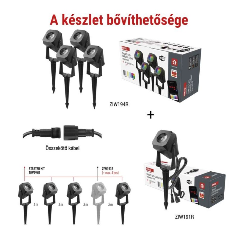 GoSmart kültéri LED spotlámpa, kezdő készlet, 4 darab, 7 W, RGBIC dimmelhető, WiFi