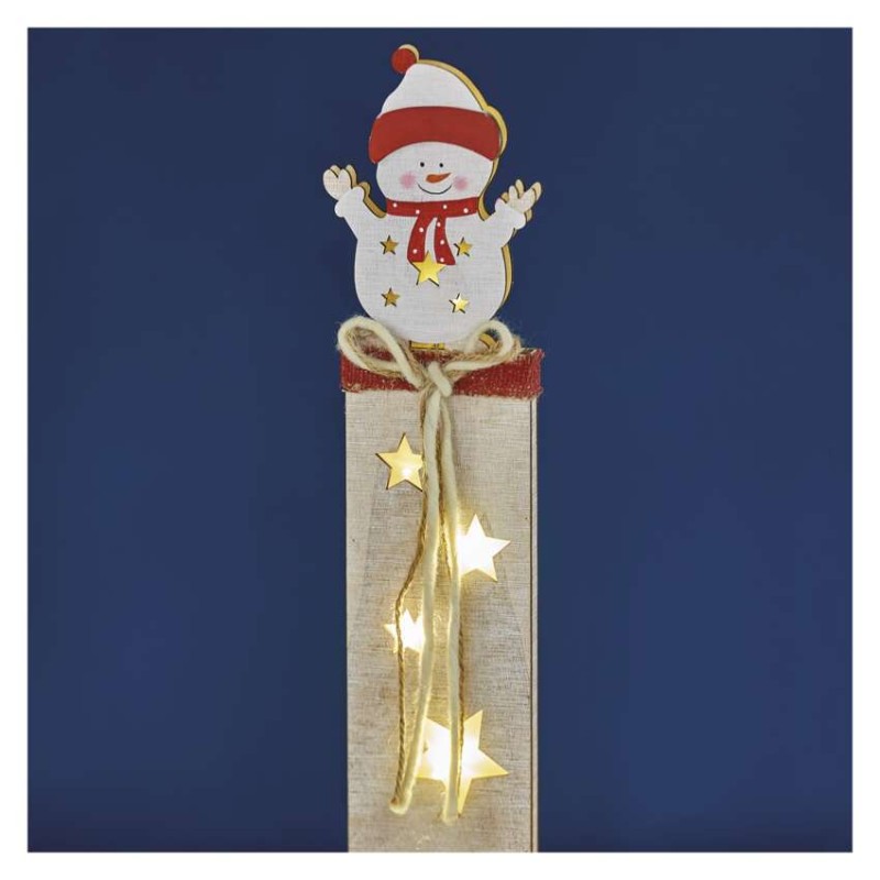 LED dekorace dřevěná – sněhulák, 46 cm, 2x AA, vnitřní, teplá bílá, časovač
