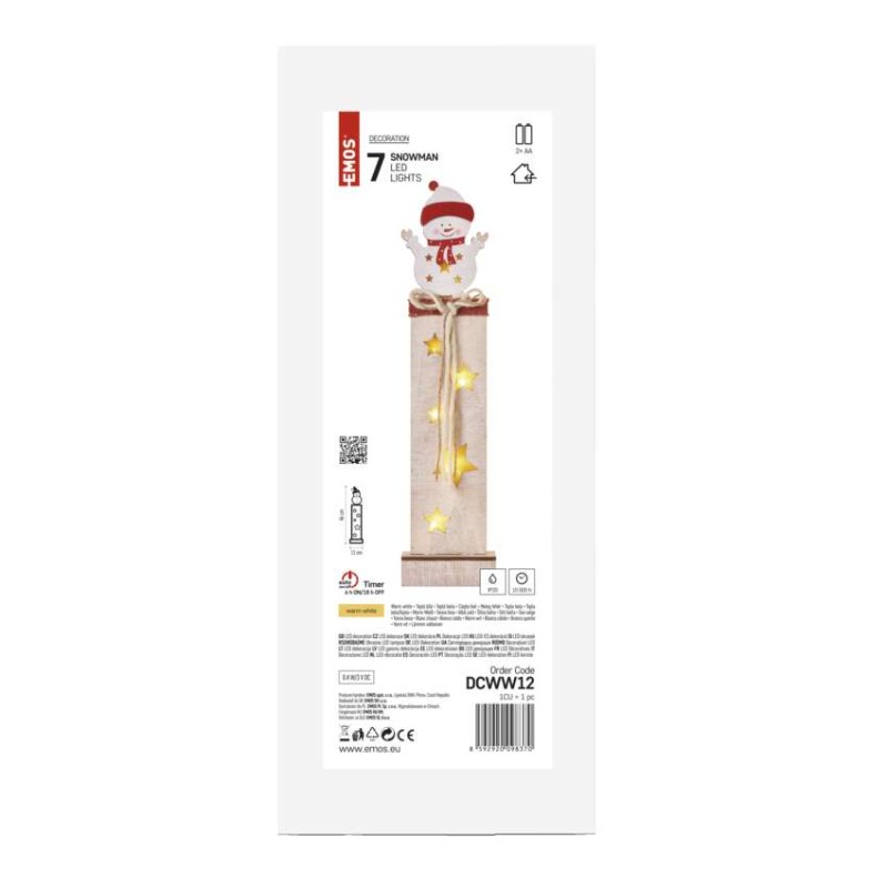 LED dekorace dřevěná – sněhulák, 46 cm, 2x AA, vnitřní, teplá bílá, časovač