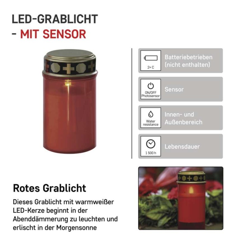 LED Grablicht rot, 2x C, Außen und Innen, warmweiss, Sensor