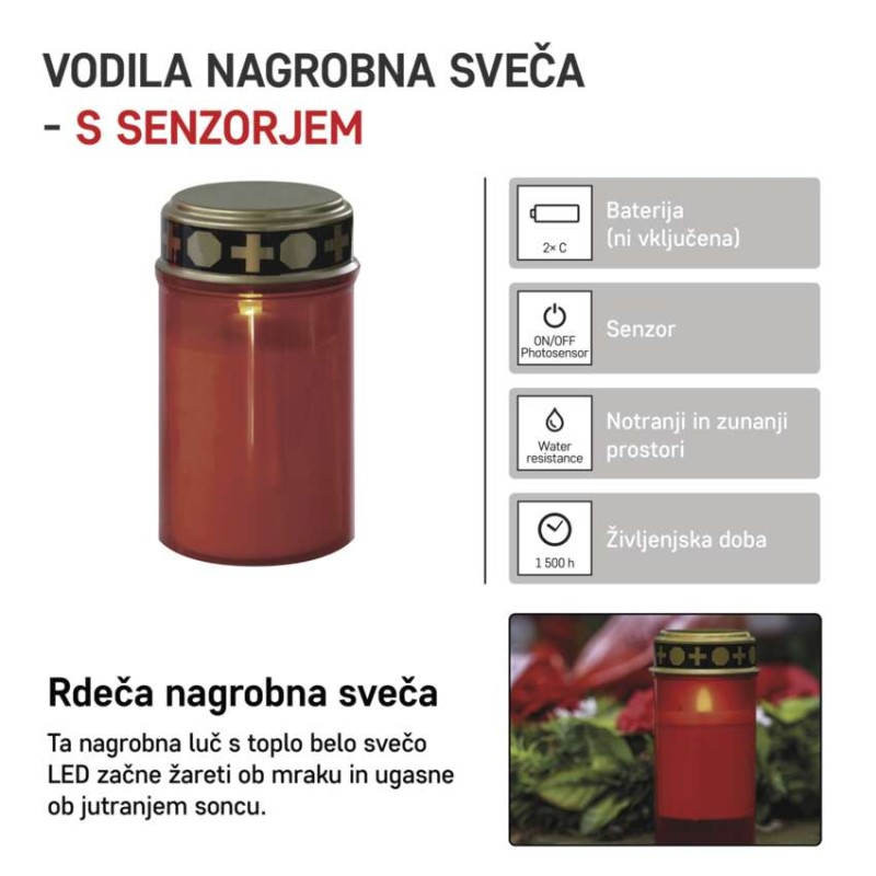 LED nagrobna sveča rdeča, 2x C, zunanja in notranja, topla bela, senzor