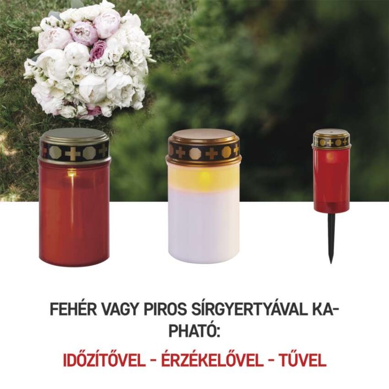 LED temetői mécses, piros, 2x C, kültéri és beltéri, meleg fehér, érzékelő