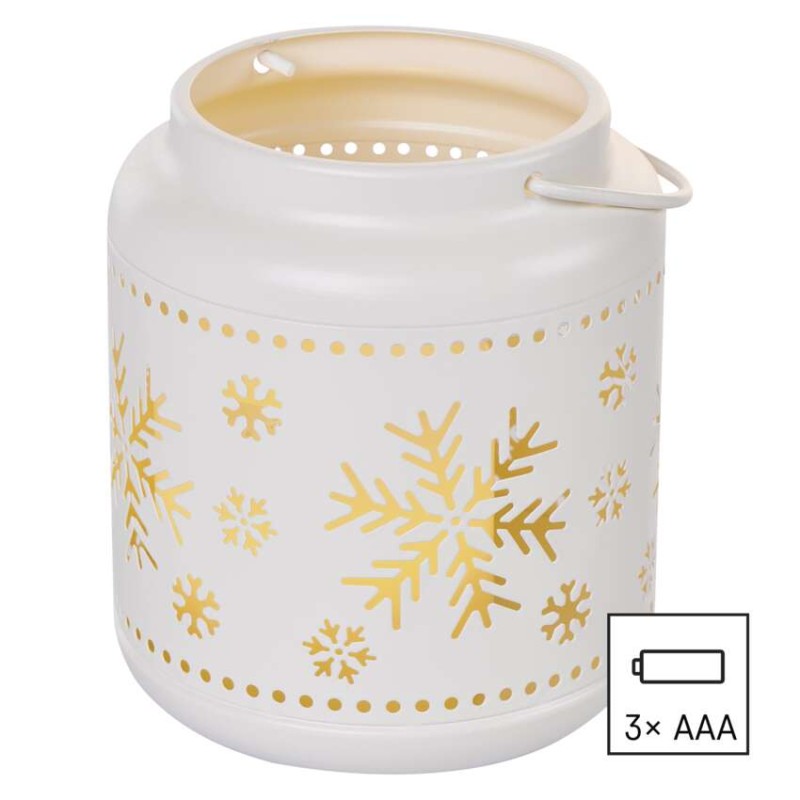 LED Deko – Laterne mit Schneeflocken, Metall, Weiß, 14 cm, 3x AAA, Innen, Vintage