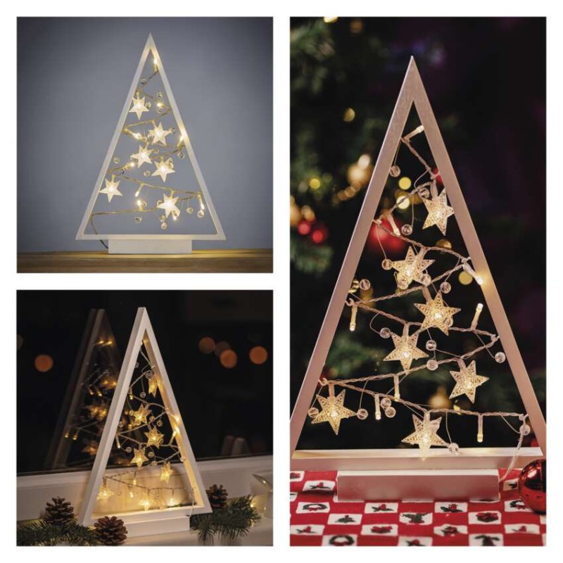 LED dekoráció – világító feldíszített karácsonyfa, 40 cm, 2x AA, beltéri, meleg fehér, id.