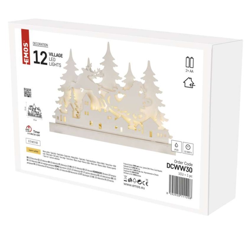 Dekoracje - 12 LED drewniana świąteczna wioska, 42x31 cm, 2x AA, ciepła biel, IP20, timer