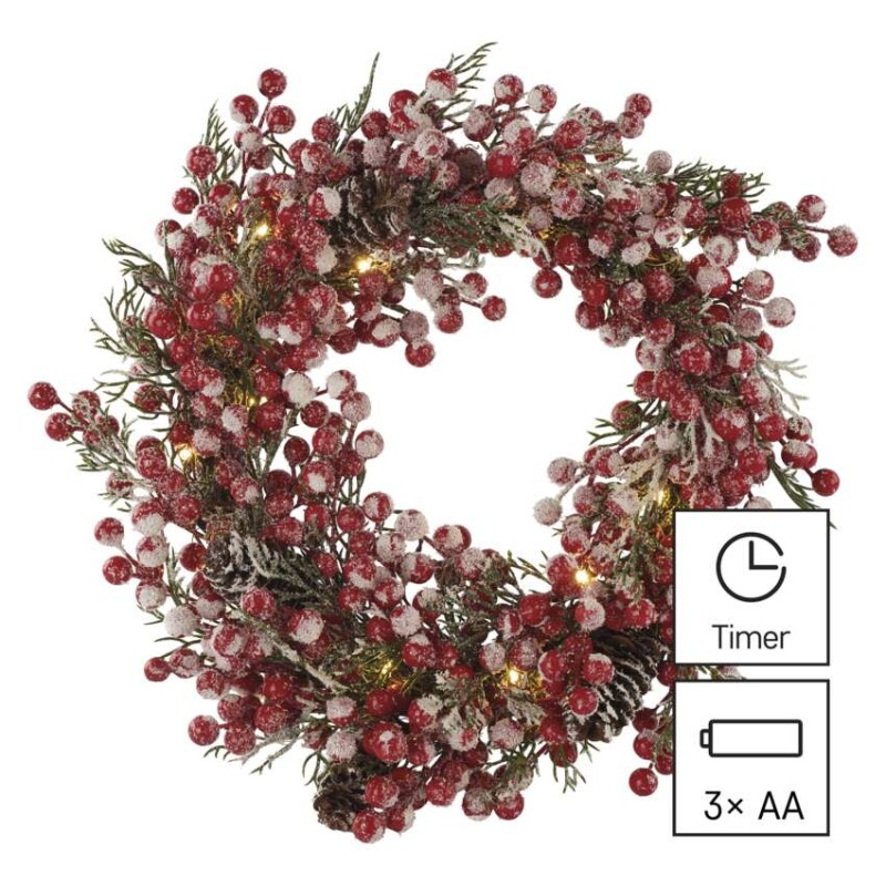 Dekoracje - 20 LED ozdobny wieniec świąteczny, 38 cm 3x AA biały ciepła biel, IP20, timer
