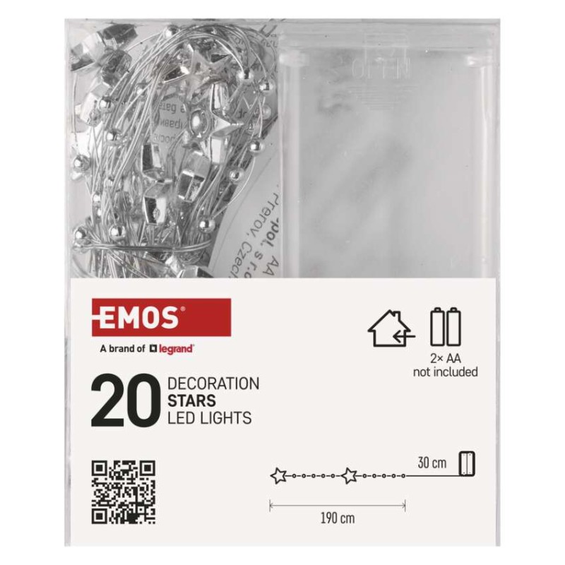 Lampki choinkowe gwiazdki 20 LED ciepła biel, srebrny przewód, IP20, timer