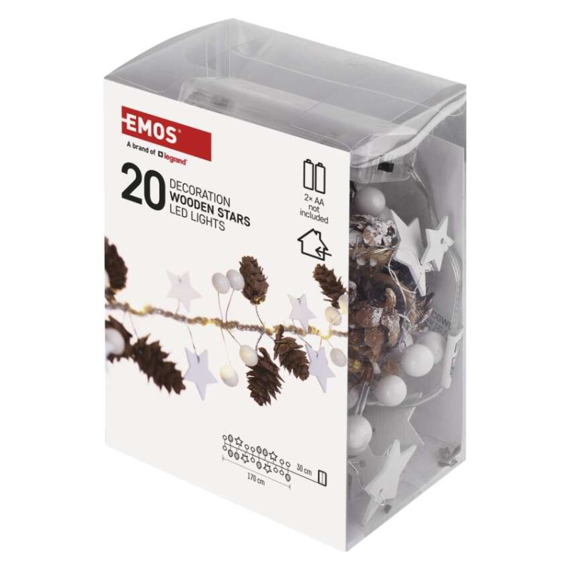 LED Ziemassvētku vītne – priežu čiekuri, 1,7 m, 2x AA, lietošanai iekštelpās, silti balta