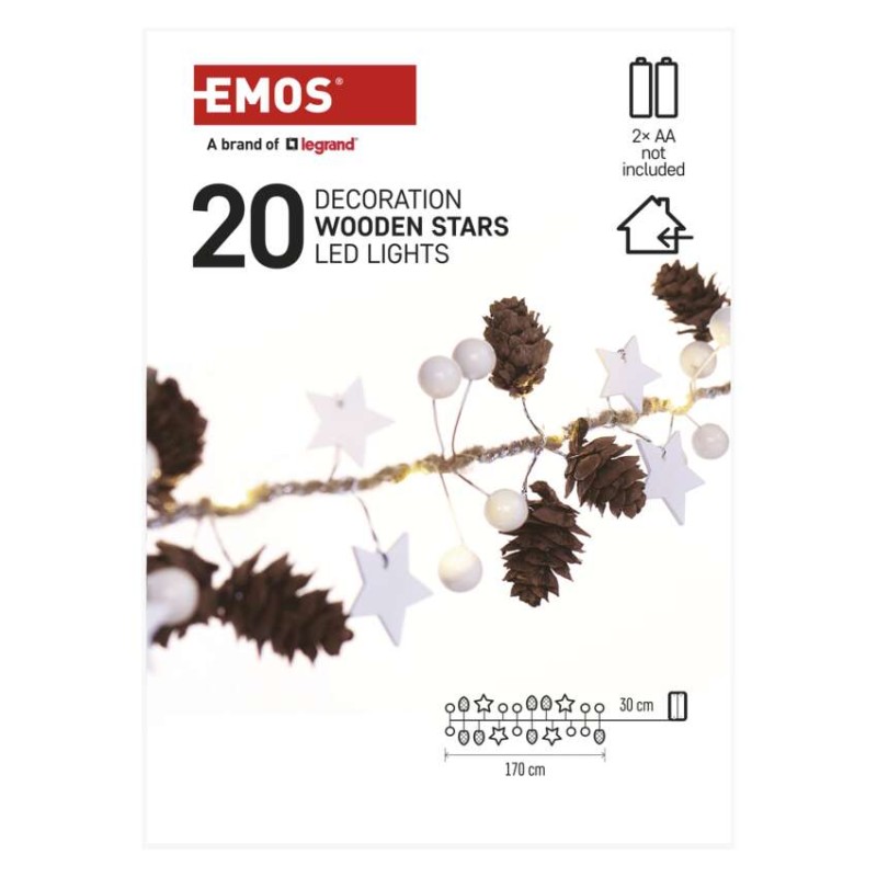 LED Ziemassvētku vītne – priežu čiekuri, 1,7 m, 2x AA, lietošanai iekštelpās, silti balta