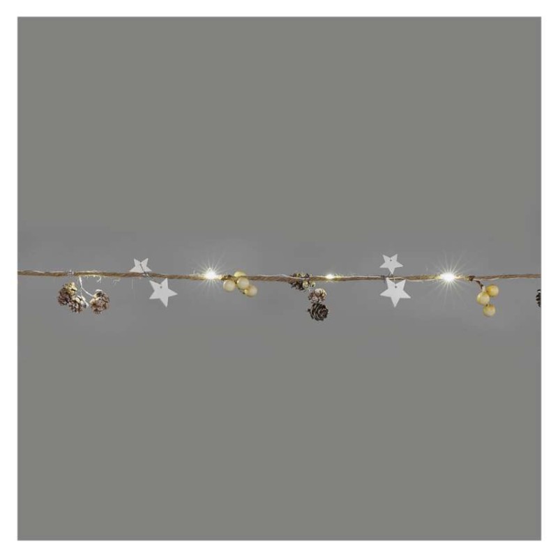 LED Ziemassvētku vītne – priežu čiekuri, 1,7 m, 2x AA, lietošanai iekštelpās, silti balta