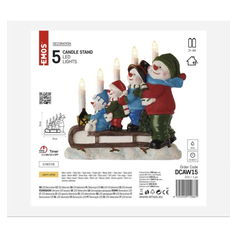 LED svietnik – snehuliaci na saniach, 24 cm, 2x AA, vnútorný, teplá biela, časovač