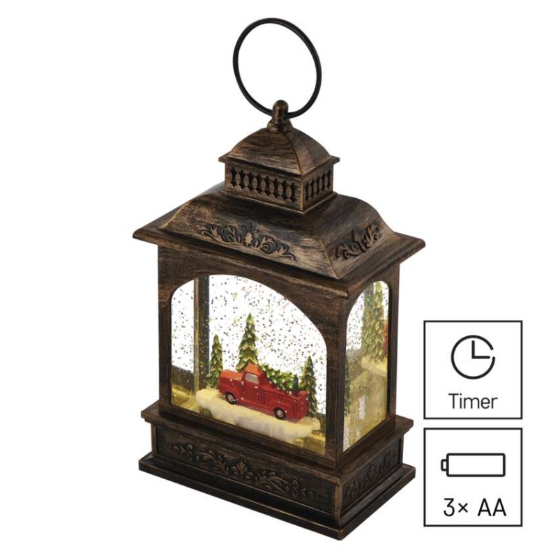 LED dekorácia – vianočný lampáš s autom, 21 cm, 3x AA, vnútorný, teplá biela, časovač
