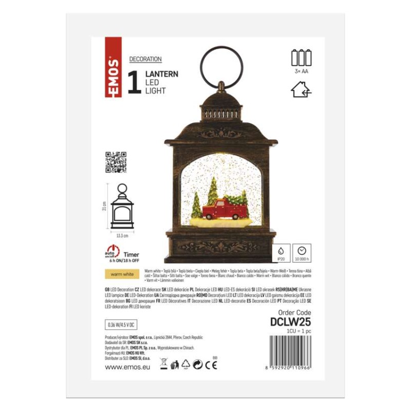 LED dekorácia – vianočný lampáš s autom, 21 cm, 3x AA, vnútorný, teplá biela, časovač