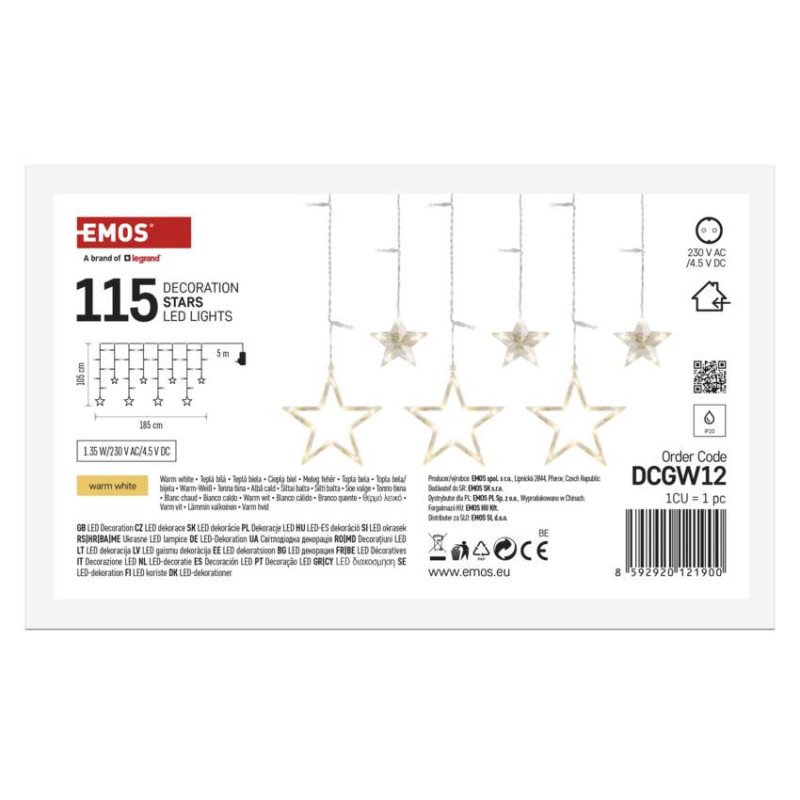 LED karácsonyi fényfüggöny – csillagok, 185x105 cm, beltéri, meleg fehér