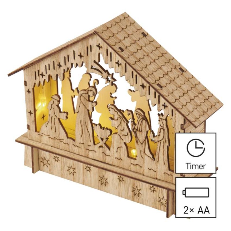 LED Weihnachtskrippe aus Holz, 15 cm, 2x AA, Innen, warmweiss, Timer